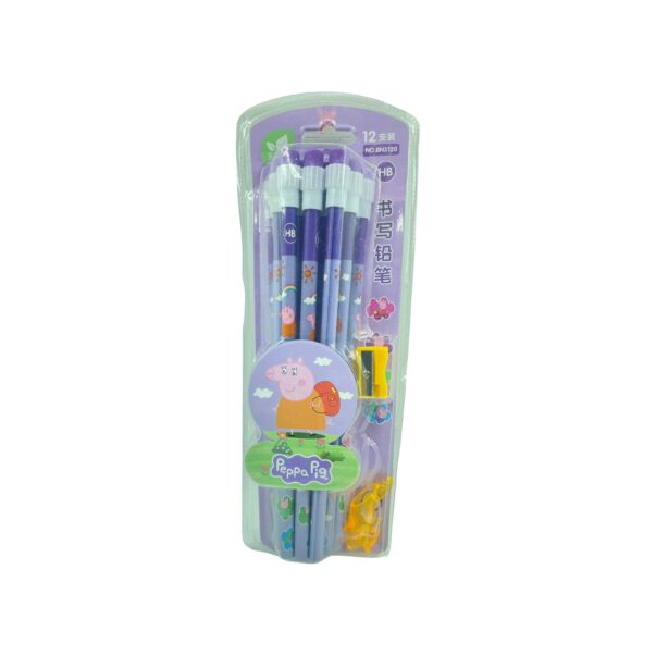 Peppa Stationery Set | 12 HB Pencils, Sharpener, Eraser & Pencil Cap (Purple)