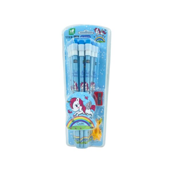 Unicorn Stationery Set | 12 HB Pencils, Sharpener, Eraser & Pencil Cap ( Blue )