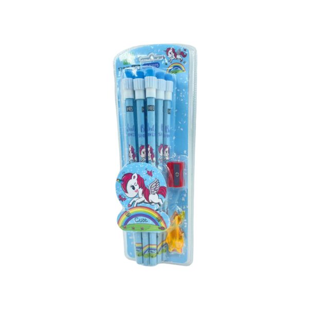 Unicorn Stationery Set | 12 HB Pencils, Sharpener, Eraser & Pencil Cap ( Blue )