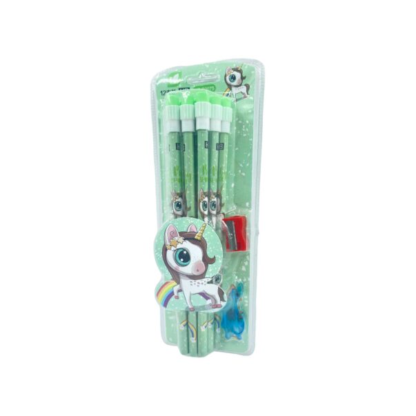 Unicorn Stationery Set | 12 HB Pencils, Sharpener, Eraser & Pencil Cap ( Green )