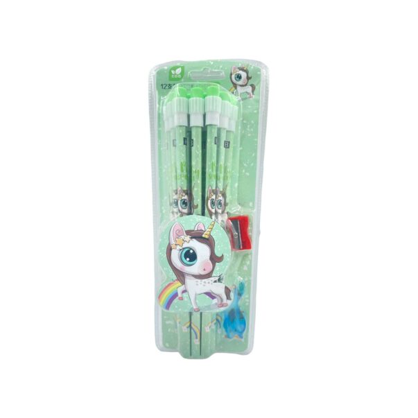 Unicorn Stationery Set | 12 HB Pencils, Sharpener, Eraser & Pencil Cap ( Green )