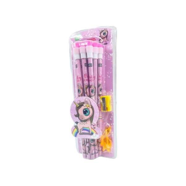 Unicorn Stationery Set | 12 HB Pencils, Sharpener, Eraser & Pencil Cap ( pink )