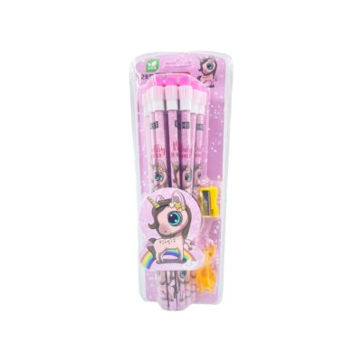 Unicorn Stationery Set | 12 HB Pencils, Sharpener, Eraser & Pencil Cap ( pink )