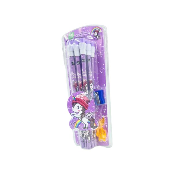 Unicorn Stationery Set | 12 HB Pencils, Sharpener, Eraser & Pencil Cap ( purple )