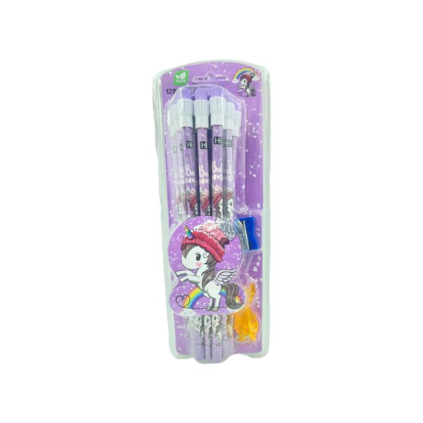 Unicorn Stationery Set | 12 HB Pencils, Sharpener, Eraser & Pencil Cap ( purple )