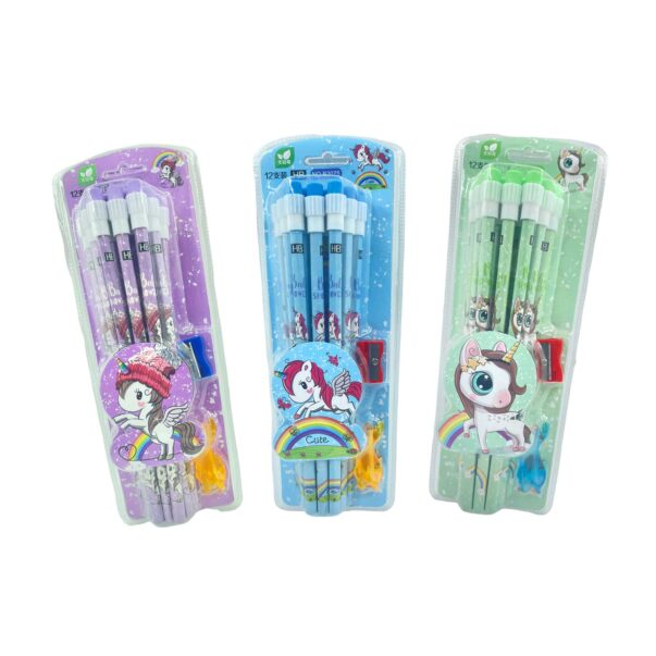 Unicorn Stationery Set | 12 HB Pencils, Sharpener, Eraser & Pencil Cap